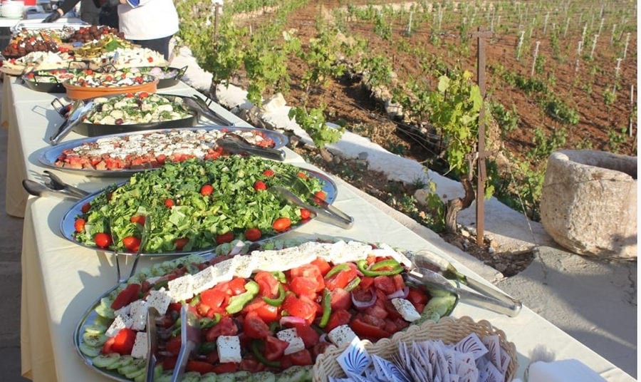 plates with various salads with maionese, white cheese at 'Manalis Winery' restaurant